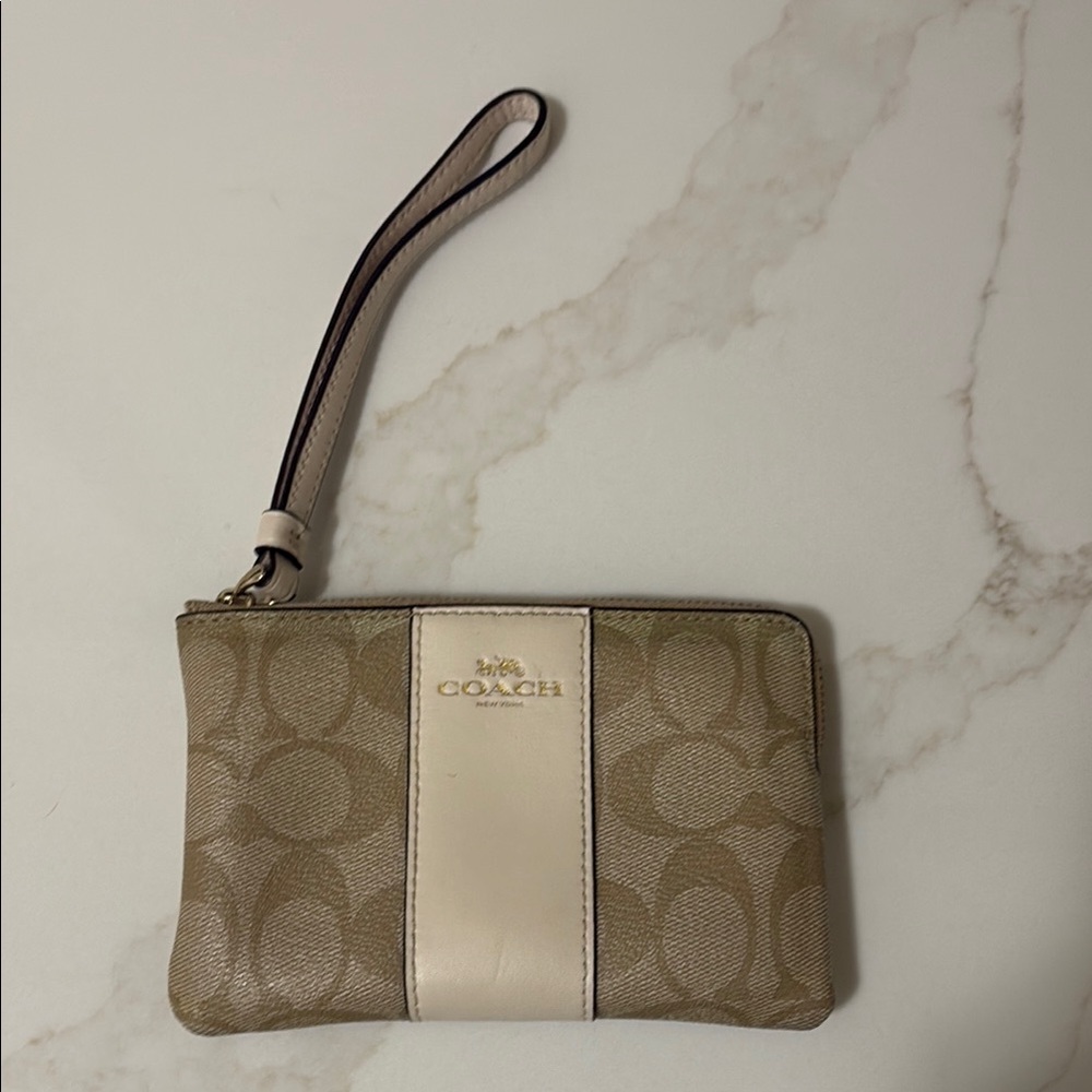 Coach Khaki and Chalk Signature Canvas Wristlet